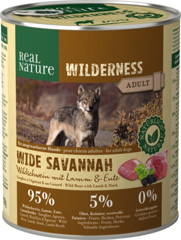 REAL NATURE WILDERNESS Adult Wide Savannah : sanglier, agneau et canard 24x800 g REAL NATURE WILDERNESS Adult Wide Savannah : sanglier, agneau et canard 24x800 g
