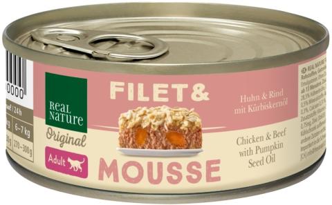 REAL NATURE Filet & Mousse Adult Poulet & bœuf à l'huile de pépins de courge 24x85 g REAL NATURE Filet & Mousse Adult Poulet & bœuf à l'huile de pépins de courge 24x85 g